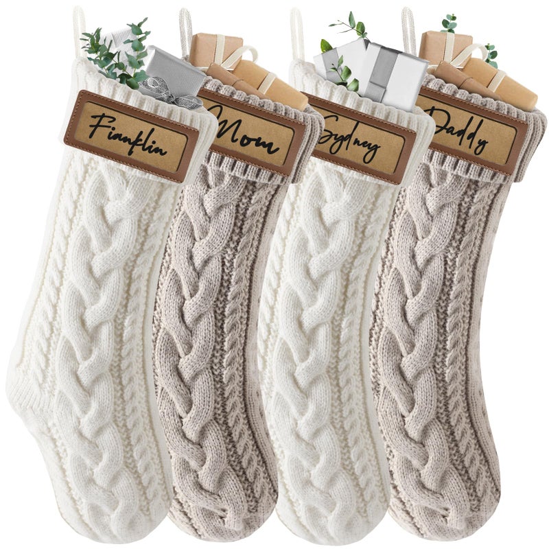 steo spce Personalized Christmas Stocking with Leather Patches Custom Name Family Christmas Stockings  18.5  Large Knitted Xmas Stockings for Kids  Holiday and Fireplace Party Decoration - 4Pcs - Image 1